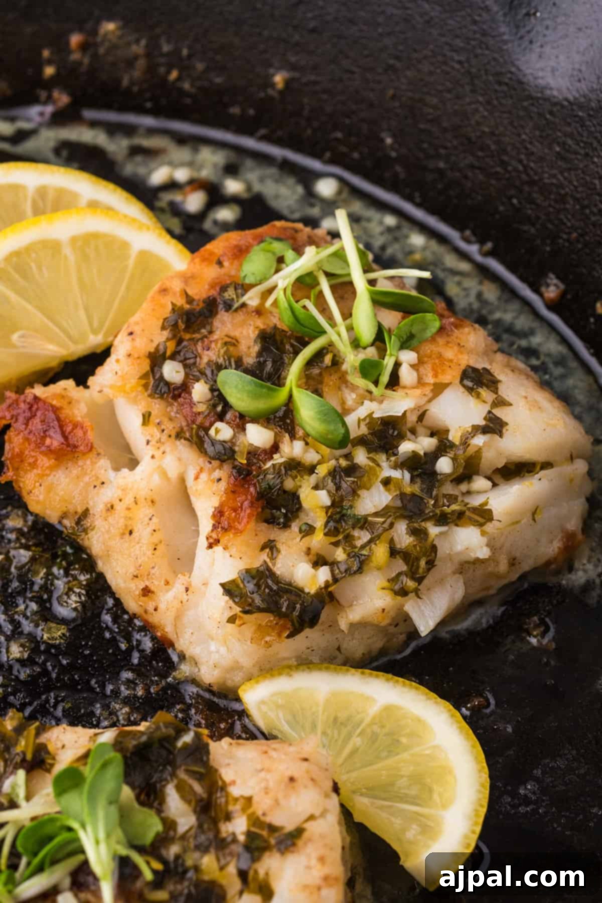 Golden Pan-Seared Cod 12 Golden-brown pan-fried cod fillets served directly in a skillet, adorned with vibrant lemon slices and fresh herbs, showcasing a ready-to-serve, aromatic meal.