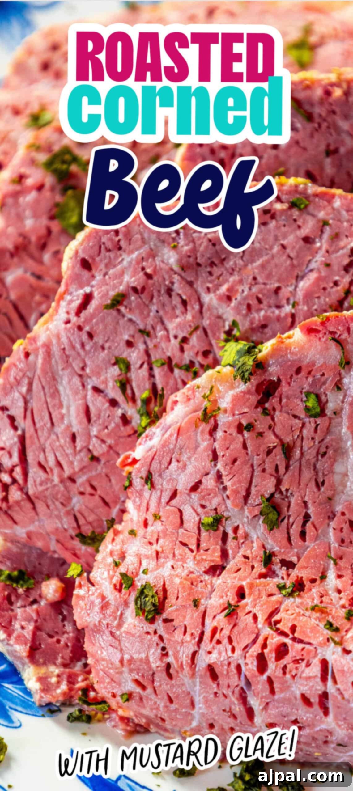 Perfectly Roasted Corned Beef 8 Tender corned beef beautifully glazed with mustard and roasted to perfection, presented on a rustic background.