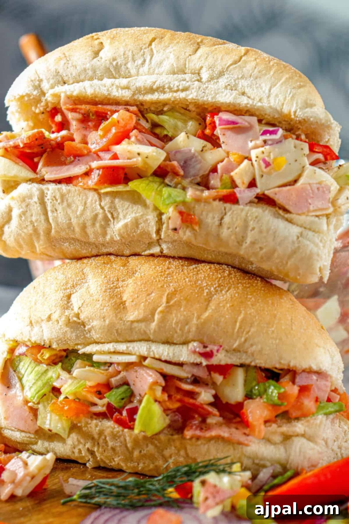 Two vibrant Chopped Italian Sandwiches displayed on a rustic cutting board, ready to be enjoyed.