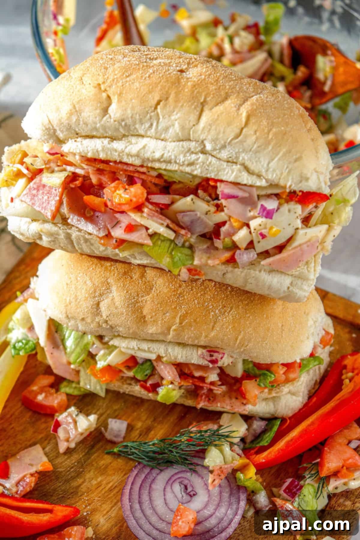 A stack of perfectly assembled Chopped Italian Sandwiches, presented neatly on a wooden cutting board.