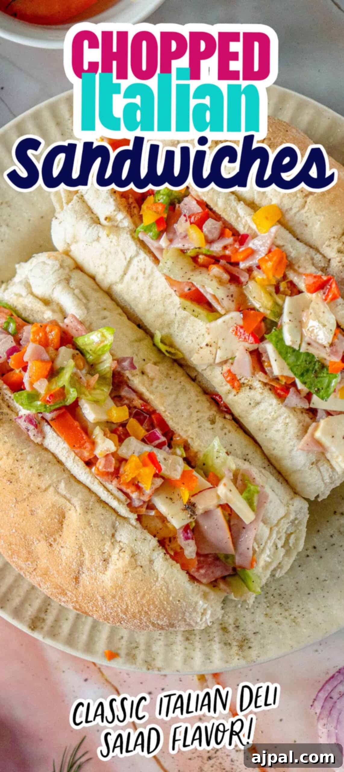 A plate showcasing perfectly sliced Chopped Italian Sandwiches, revealing their rich, flavorful fillings.