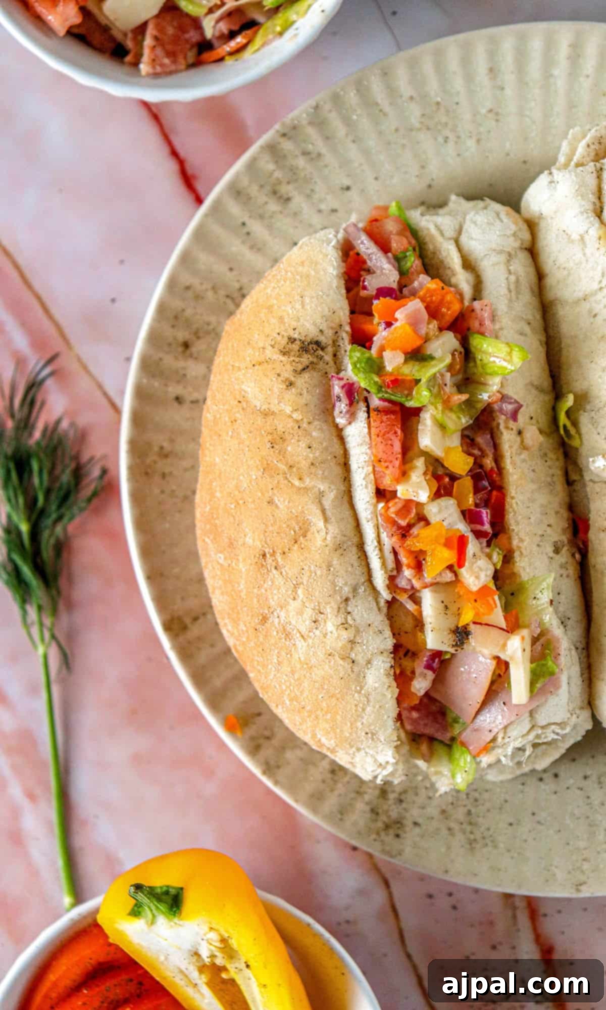 A vibrant Chopped Italian Sandwich on a plate, with a bowl of fresh, colorful vegetables nearby, highlighting the sandwich's fresh ingredients.
