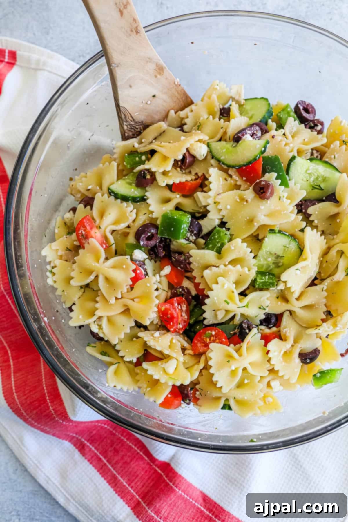 Zesty Greek Pasta Salad 6 A Greek pasta salad with cucumbers and olives.