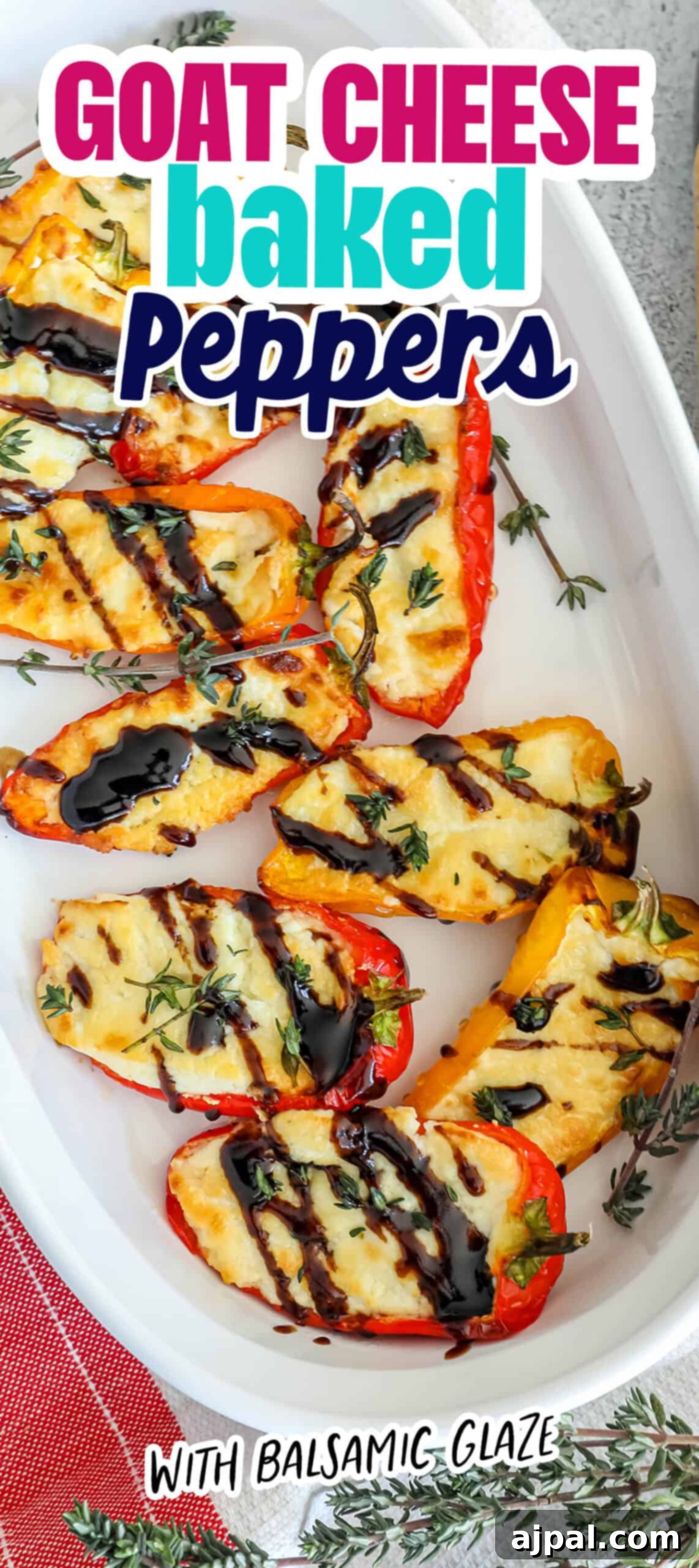 Goat Cheese Stuffed Peppers 13 A stunning close-up of baked goat cheese peppers, glistening with a generous drizzle of balsamic glaze, showcasing their golden-brown edges and creamy centers.