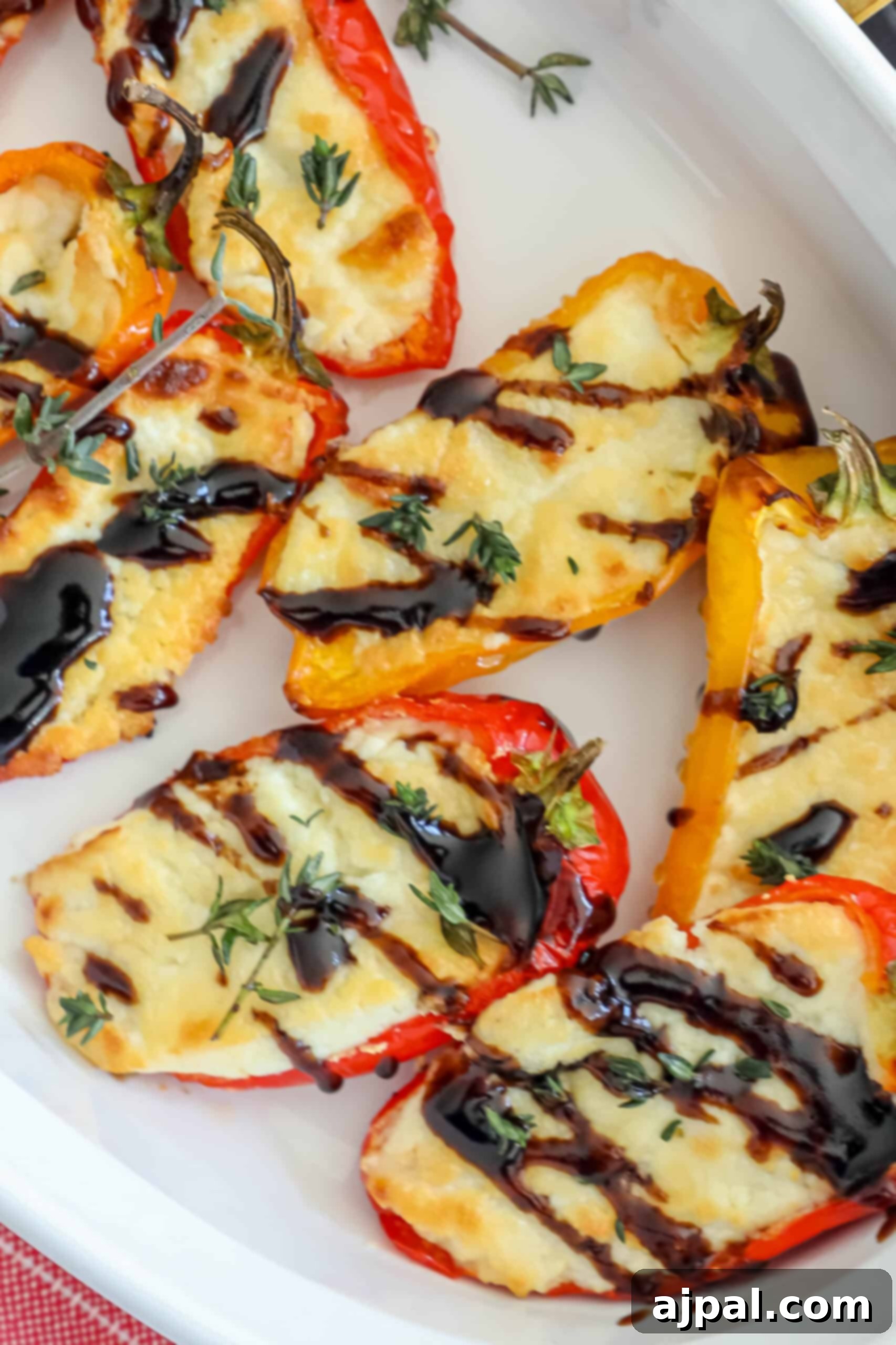 Goat Cheese Stuffed Peppers 4 A close-up of baked goat cheese peppers arranged artfully on a white plate, highlighting the melted cheese and a dark, glossy balsamic drizzle.