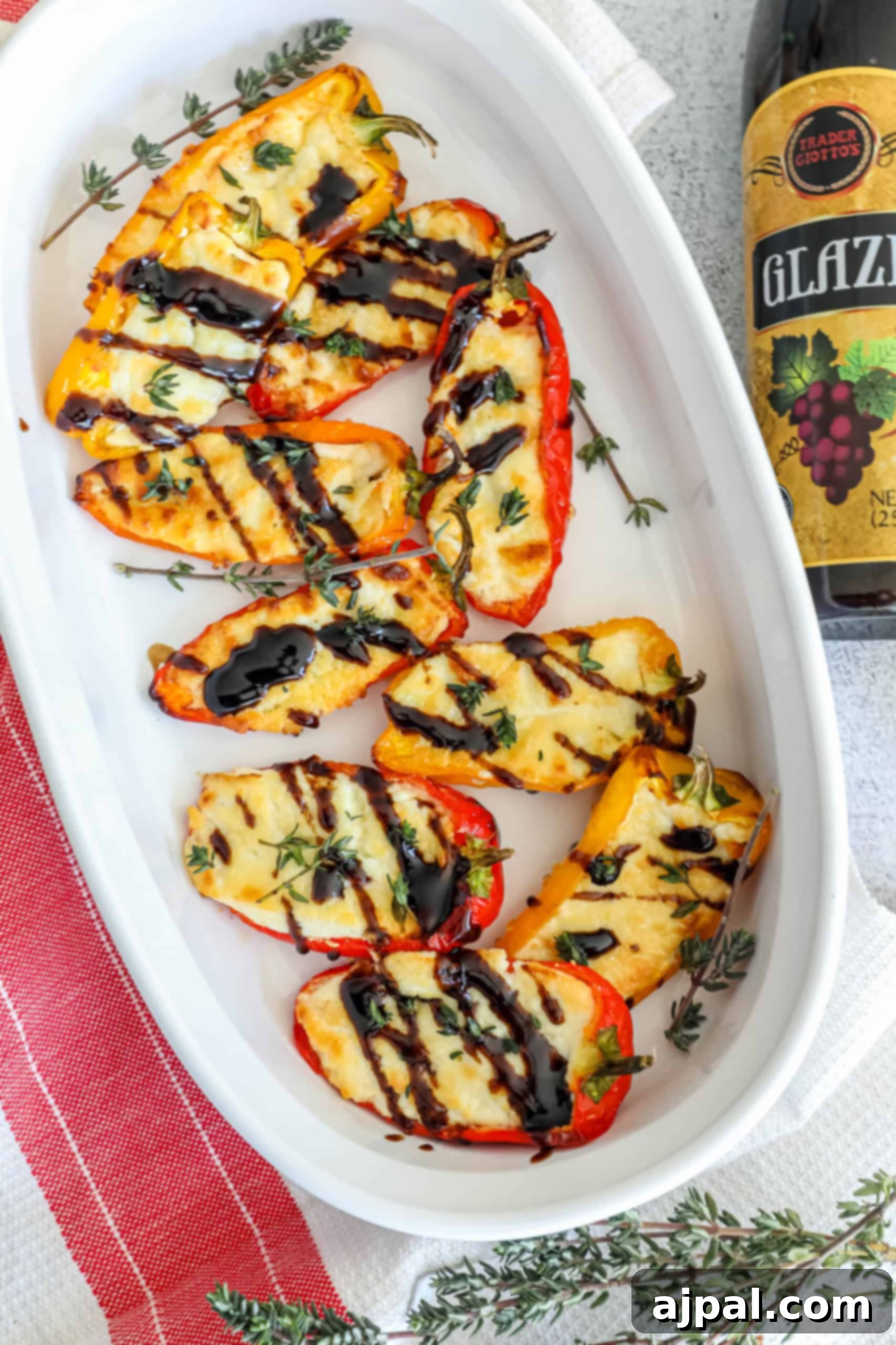 Goat Cheese Stuffed Peppers 10 A pristine white plate featuring perfectly grilled mini bell peppers stuffed with goat cheese, elegantly drizzled with balsamic glaze. A bottle of fine wine stands beside it, suggesting a delightful pairing.