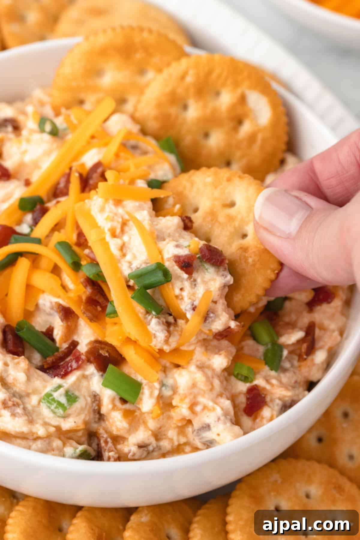 Grand Occasion Dip 2 A person dipping a cracker into a bowl of Million Dollar Dip, showcasing its creamy texture.