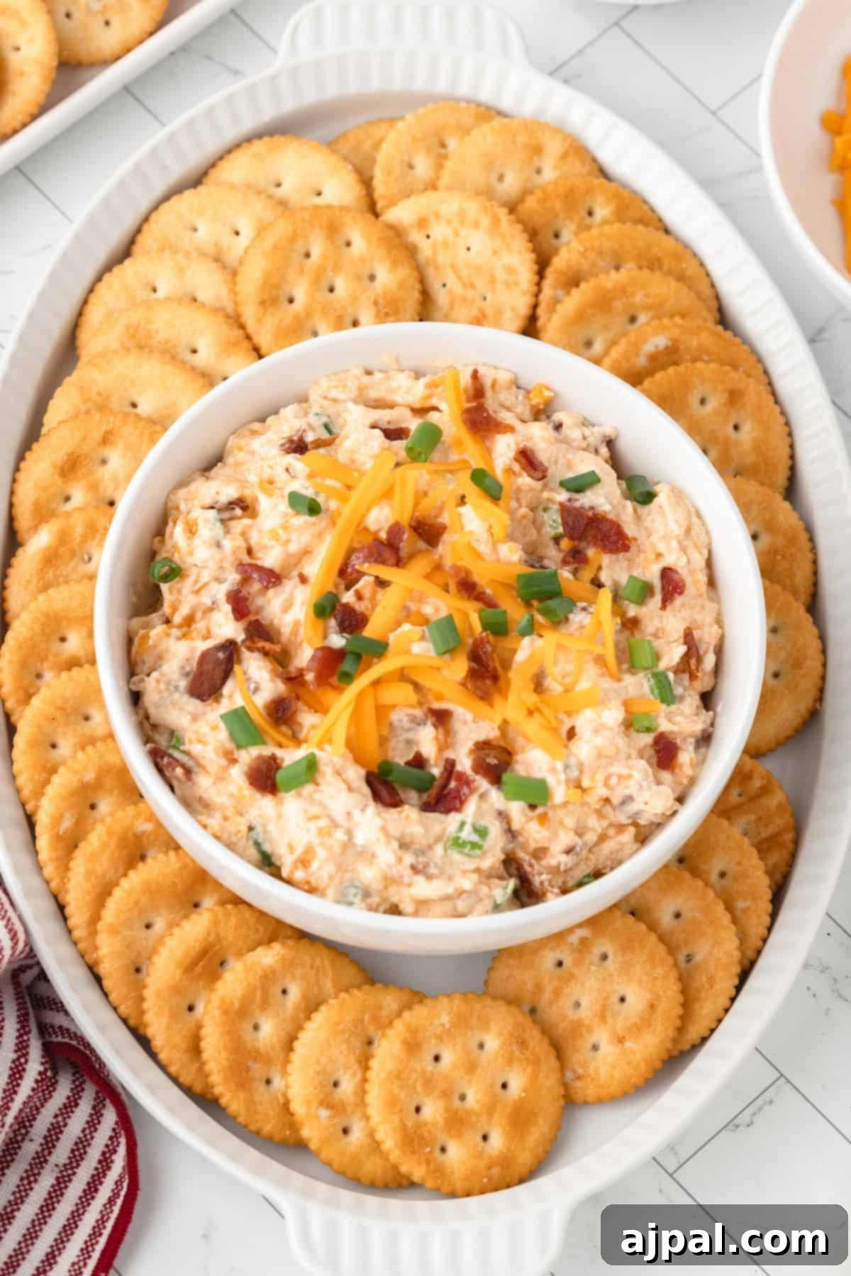 Grand Occasion Dip 11 A bowl of Million Dollar Dip, generously adorned with additional crackers for easy dipping.