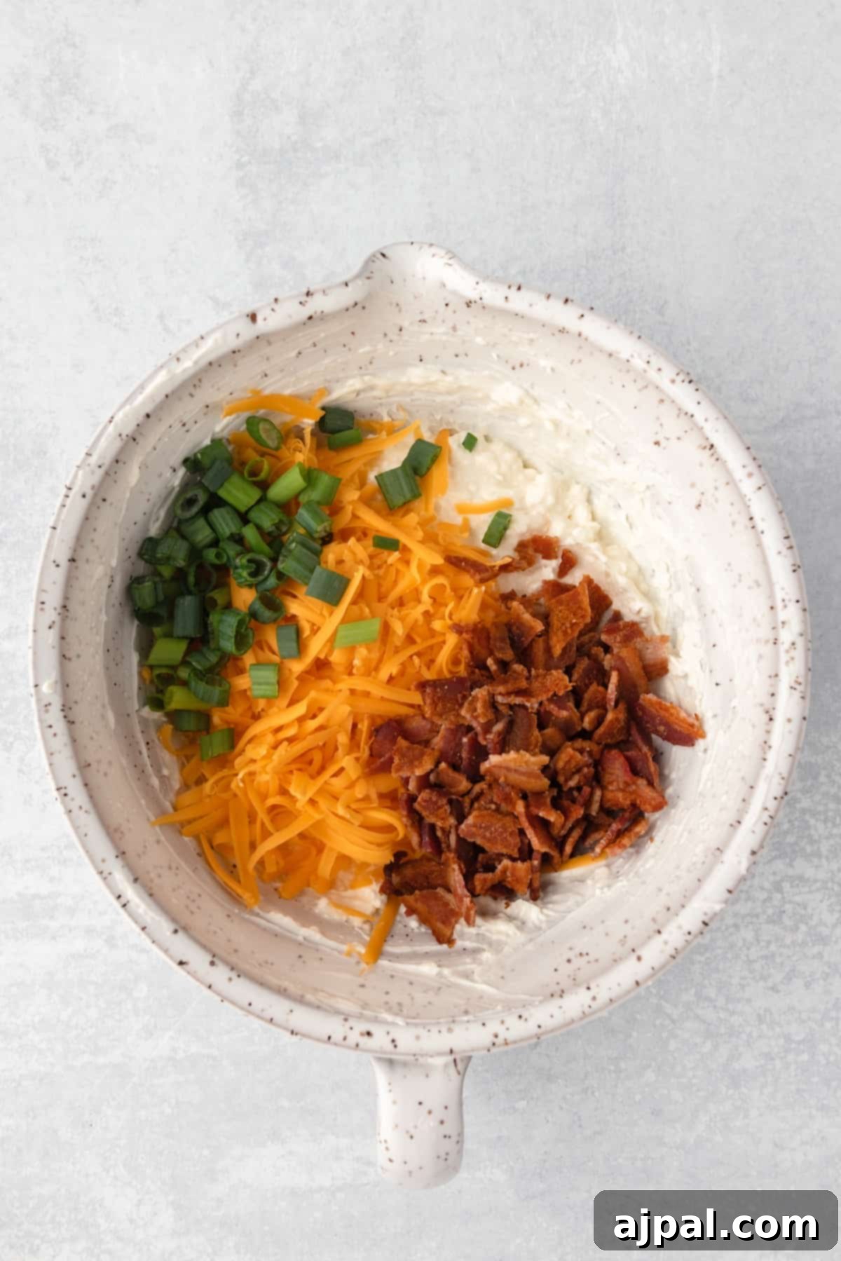 Grand Occasion Dip 7 A bowl of Million Dollar Dip, prominently featuring generous amounts of cheese, crispy bacon bits, and fresh green onions.
