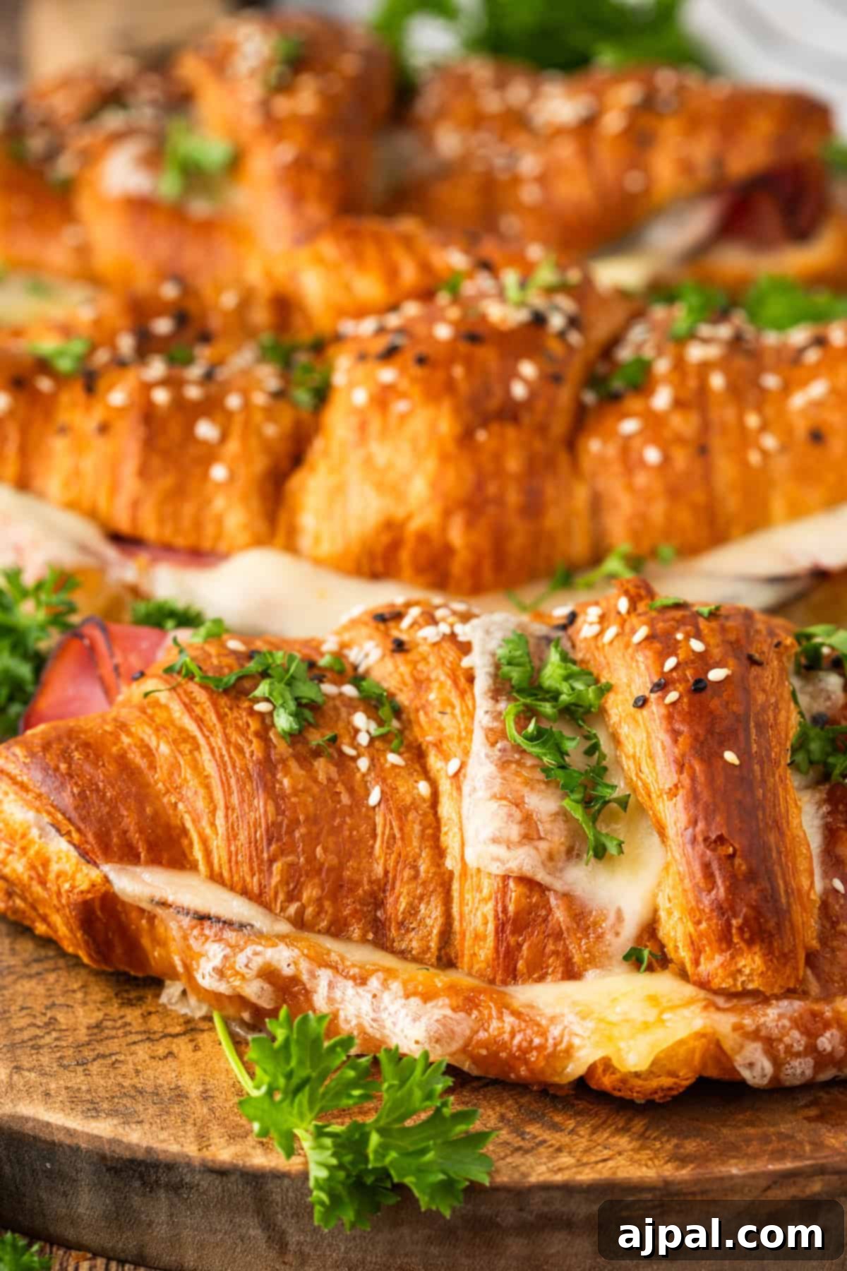 Warm Ham and Cheese Croissant Melts 2 Close-up of golden baked ham and cheese croissant with melted cheese, ham, sesame seeds, and fresh parsley.