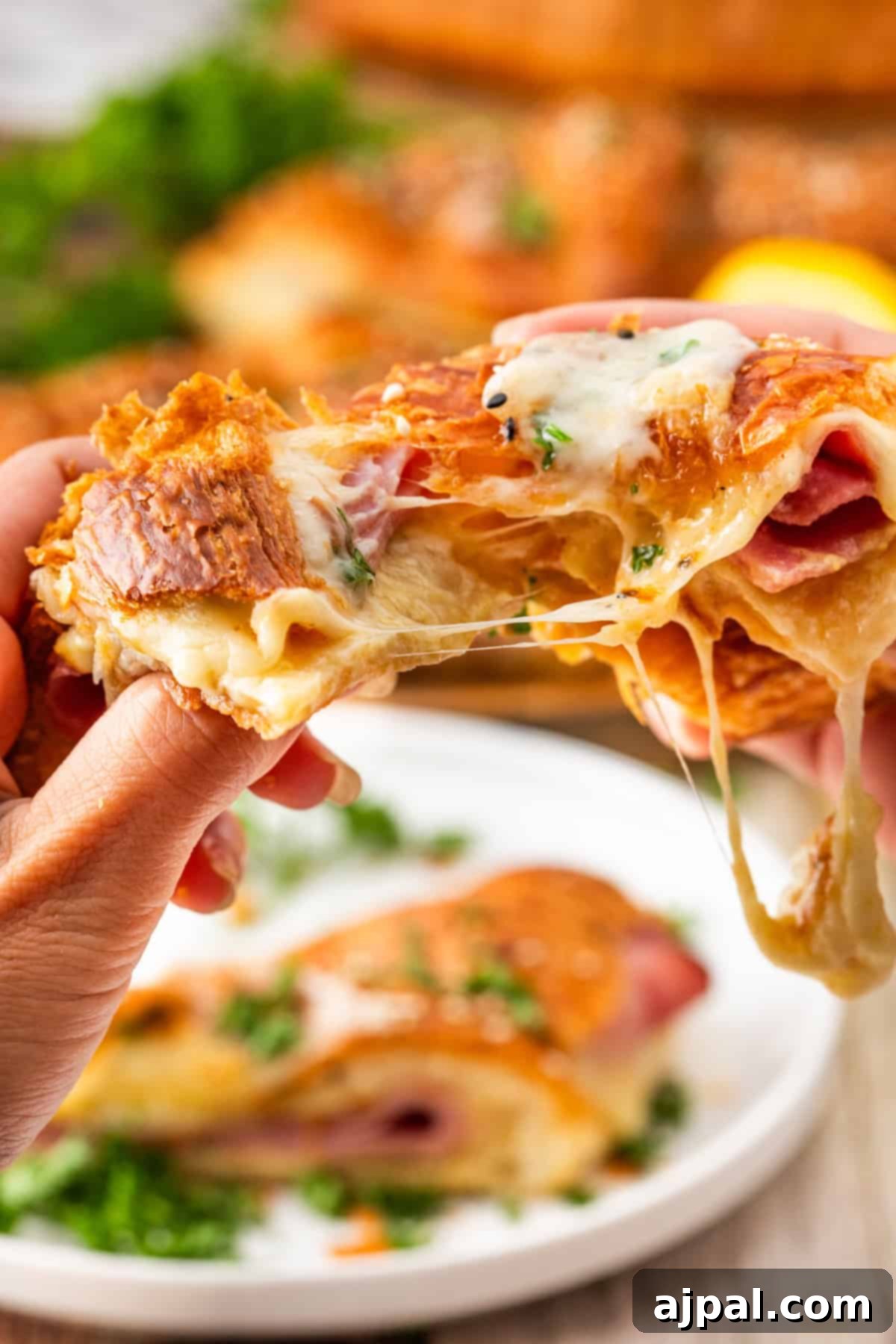 Warm Ham and Cheese Croissant Melts 3 Hand pulling apart a baked ham and cheese croissant, showing the stretchy melted cheese inside.