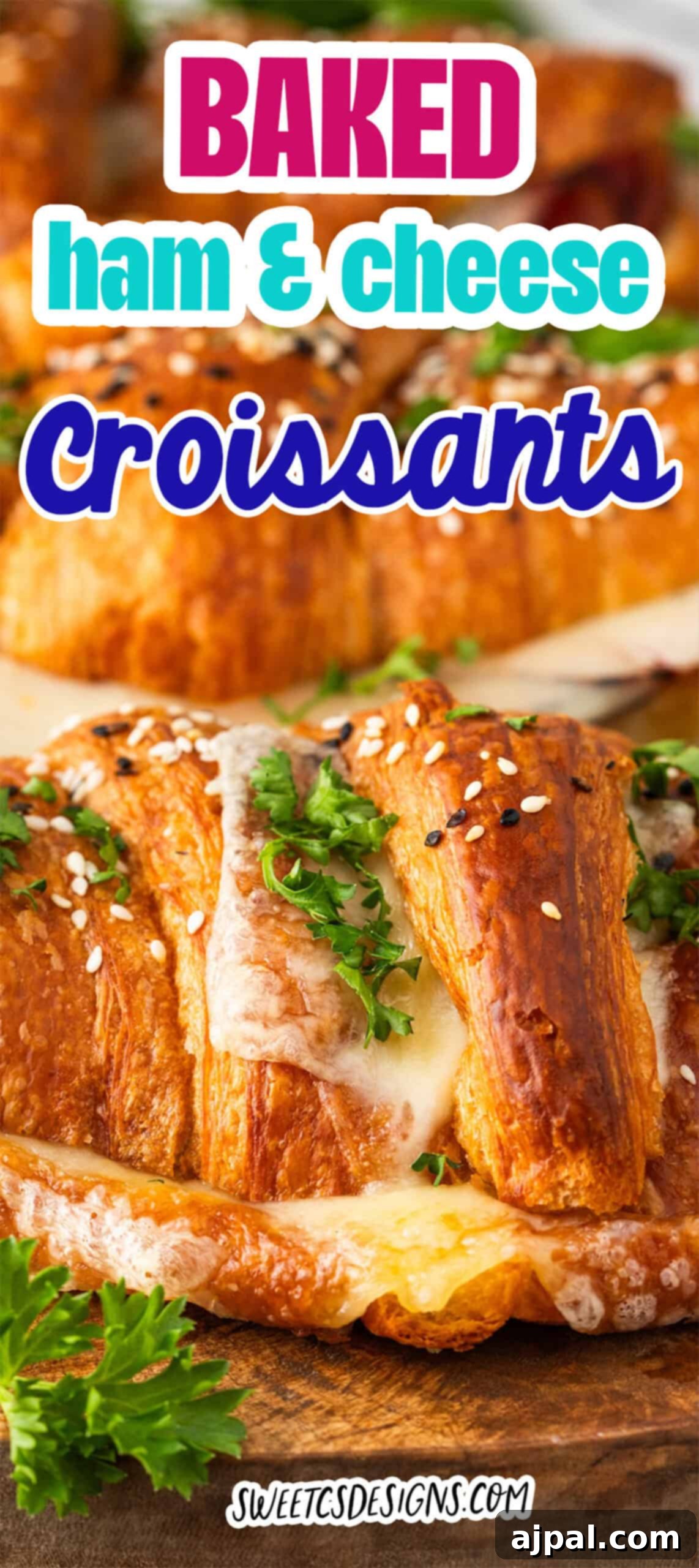 Warm Ham and Cheese Croissant Melts 18 Close-up of baked ham and cheese croissants topped with melted cheese, sesame seeds, and chopped parsley, garnished with fresh parsley.