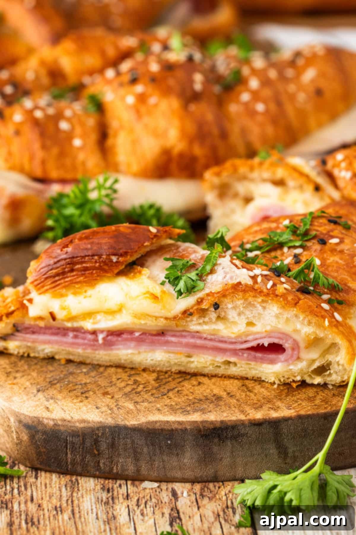 Warm Ham and Cheese Croissant Melts 7 Sliced ham and cheese croissant sandwich with melted cheese, ham, parsley and sesame seeds on a wooden board.