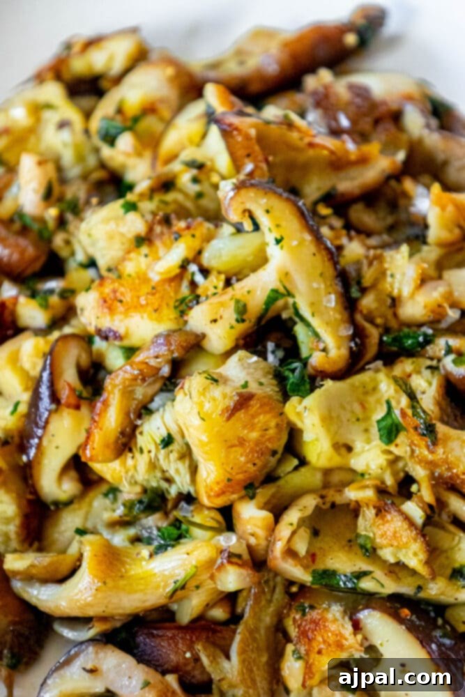 A plate of perfect sautéed mushrooms and herbs on a white plate.