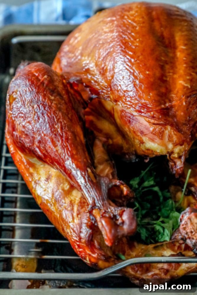 The Ultimate Smoked Turkey 7 picture of smoked turkey on a metal tray