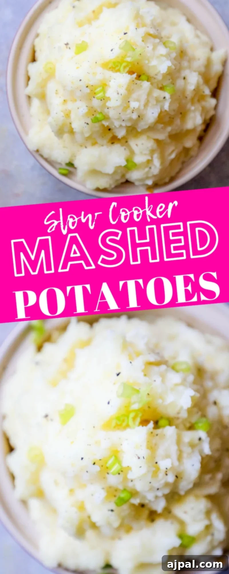 Creamy Slow Cooker Mashed Potatoes 5 mashed potatoes with green onions in a white bowl
