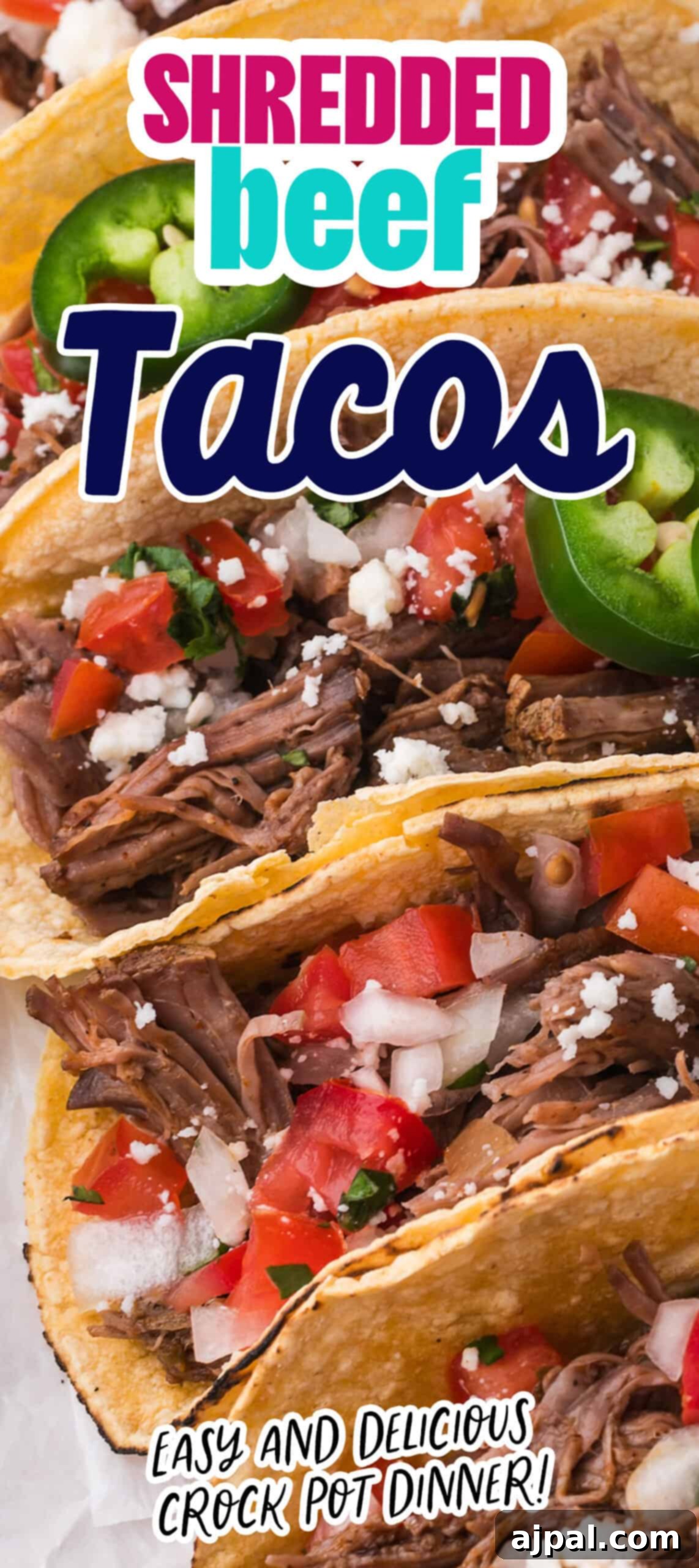 Tender Braised Beef Tacos 14 A beautifully arranged row of beef tacos, generously adorned with colorful toppings, presented as a promotional image highlighting them as an incredibly easy and deliciously satisfying crockpot dinner featuring tender shredded beef.