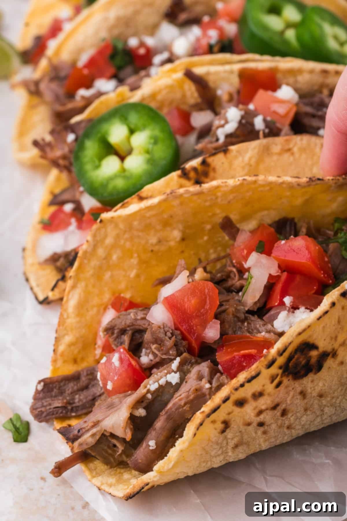Tender Braised Beef Tacos 4 Close-up of shredded beef tacos garnished with diced tomatoes, cheese, and a slice of jalapeño.