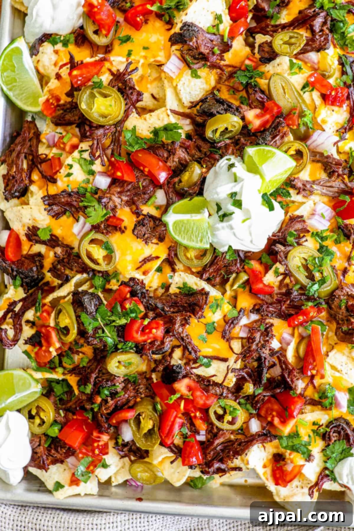 Loaded Carne Asada Nachos 2 A vibrant tray of loaded carne asada nachos, featuring crispy tortilla chips generously topped with savory marinated steak, melted cheese, fresh chives, spicy jalapeños, and creamy sour cream.