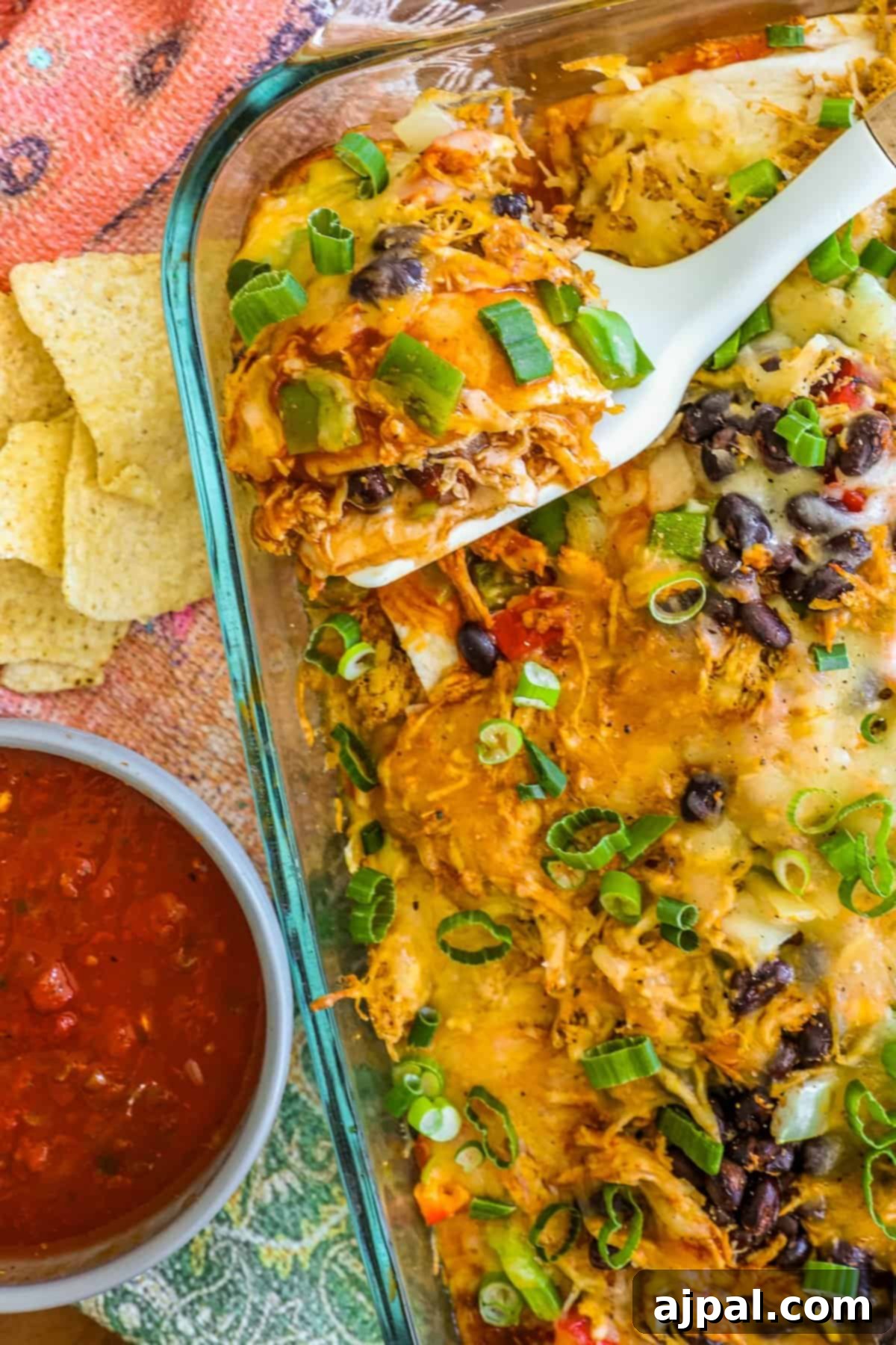 The full pan of a freshly baked Chicken Taco Casserole, ready to be divided and enjoyed by the family.