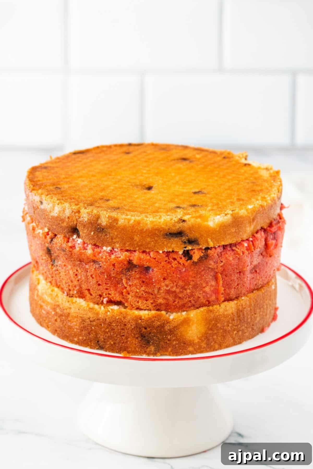 Three stacked cake layers, ready for frosting, showing the beautiful height of the cake.