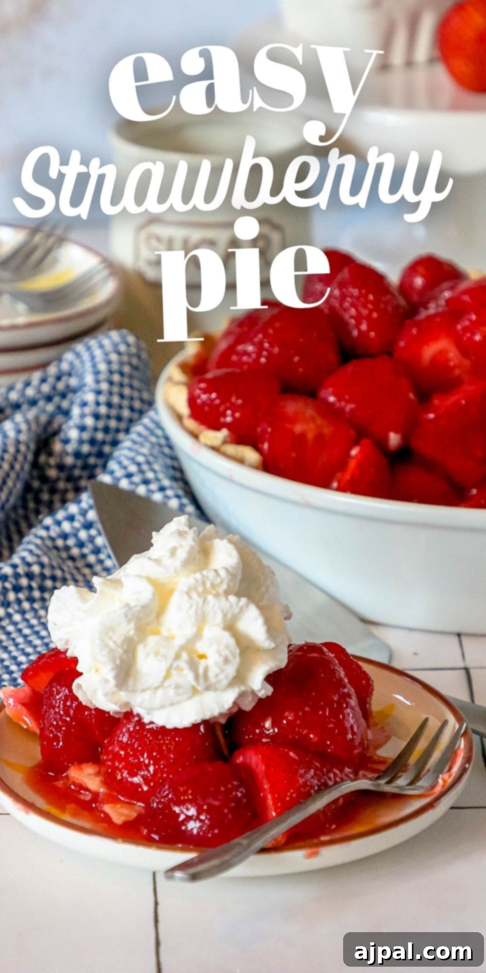 Sweet Summer Strawberry Pie 8 A beautifully presented easy strawberry pie on a plate with whipped cream, next to a whole uncut strawberry pie.