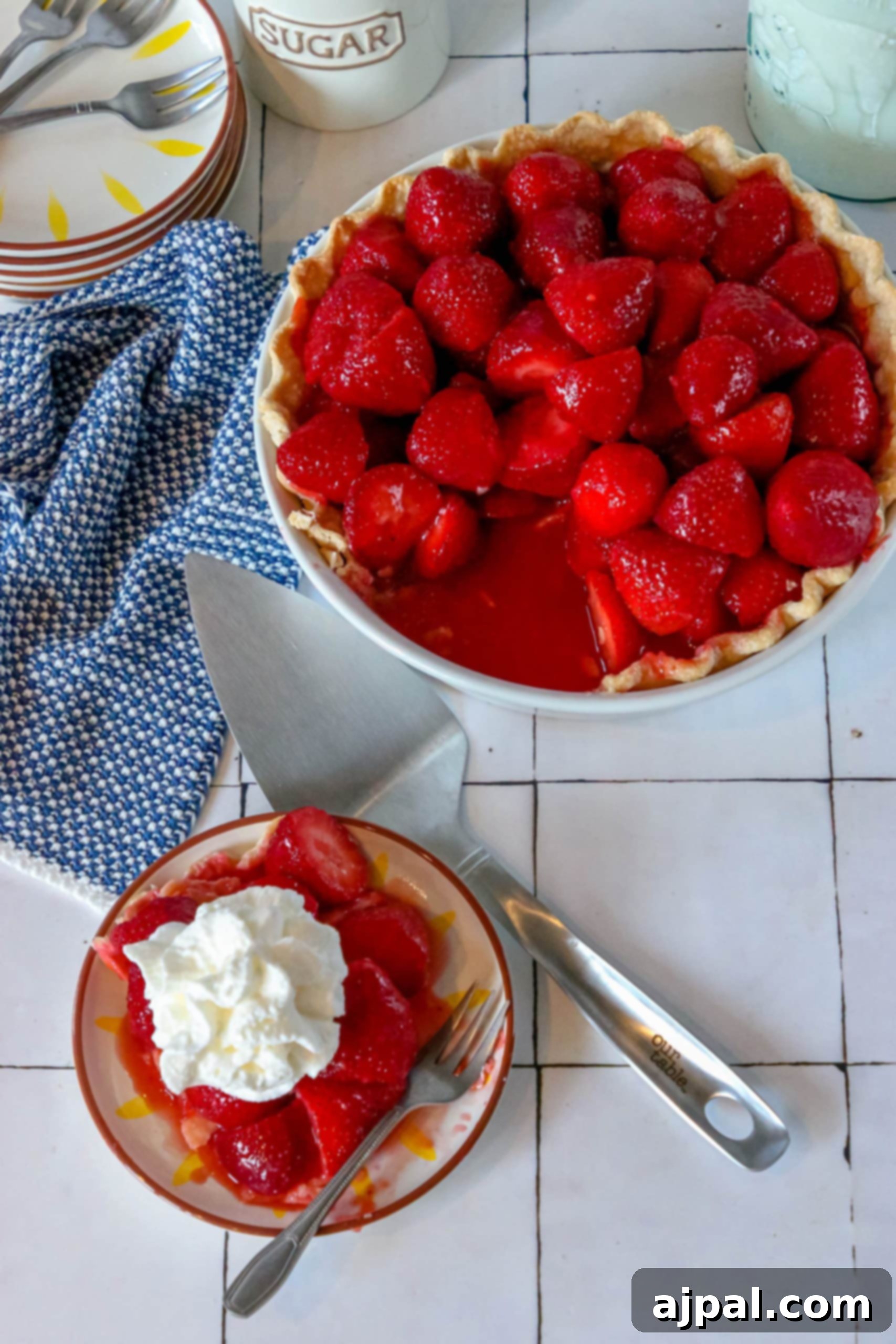 Sweet Summer Strawberry Pie 3 A whole fresh strawberry pie, glistening with a sweet glaze and ready to be served.
