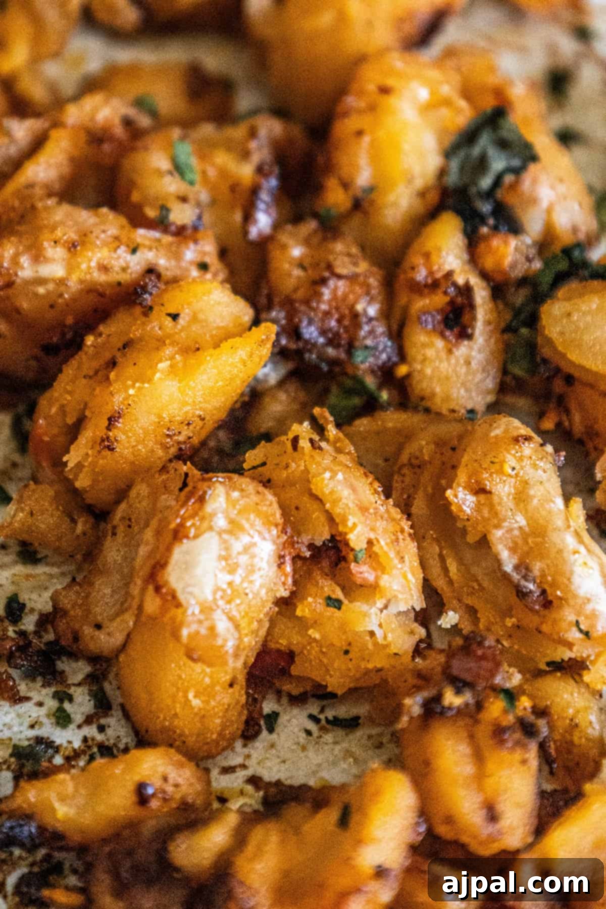 A close-up shot of a single, perfectly roasted white bean coated in chili crisp, highlighting its crispy texture and the flecks of chili and garlic.