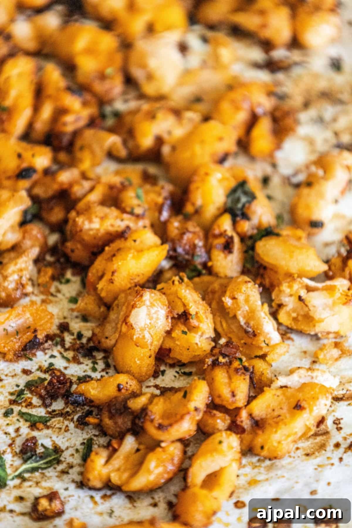 Roasted white beans in a ceramic bowl, lightly coated and seasoned, showcasing their potential before the chili crisp is added, highlighting their golden-brown hue.