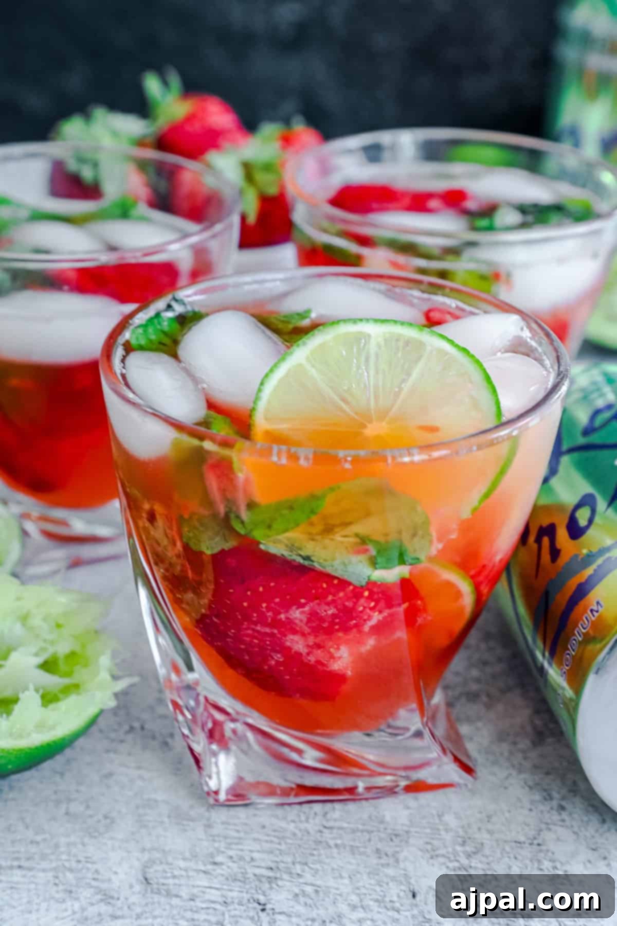 Four glasses of strawberry mojito with lime slices and mint leaves, served with ice on a textured table, inviting a refreshing sip.
