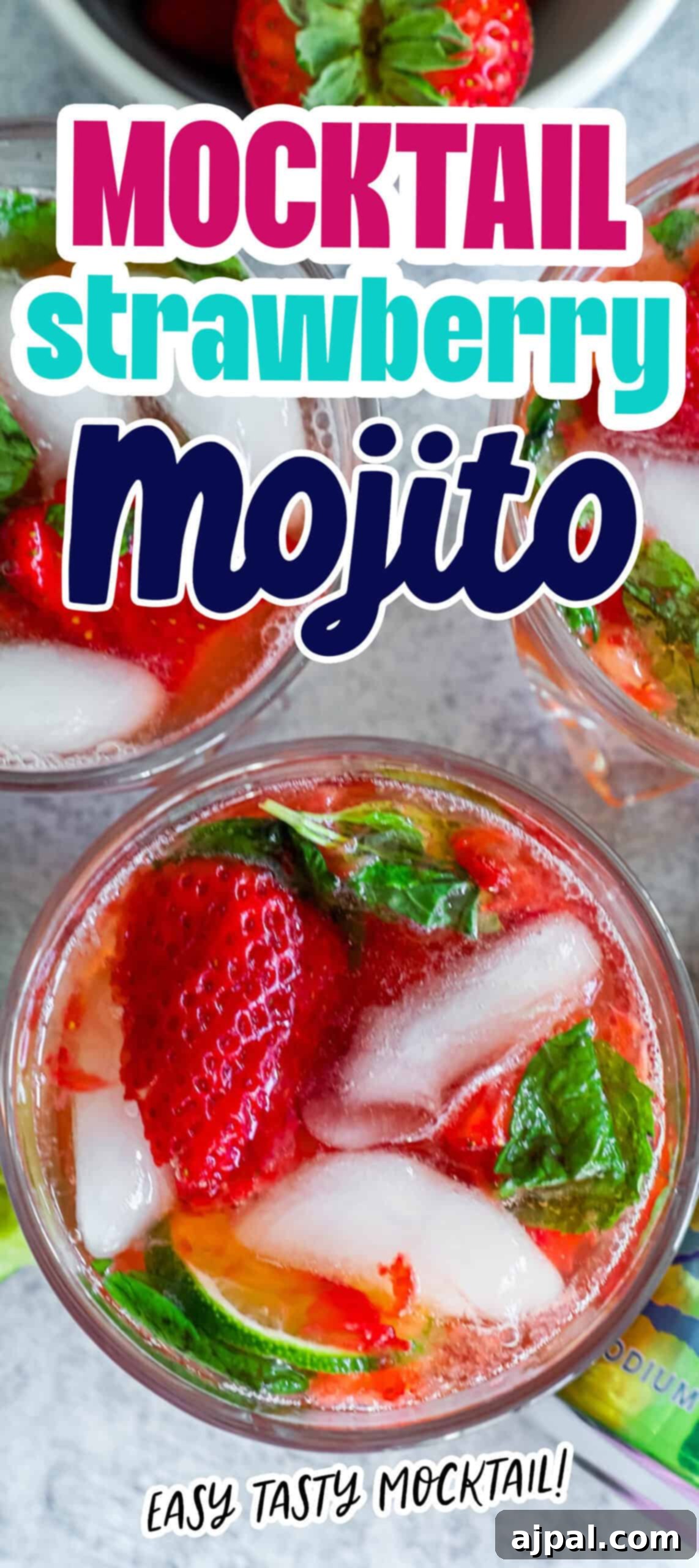 Promotional image for a strawberry mojito mocktail featuring two glasses with strawberries, mint, ice, and the text "mocktail strawberry mojito, easy tasty mocktail!".