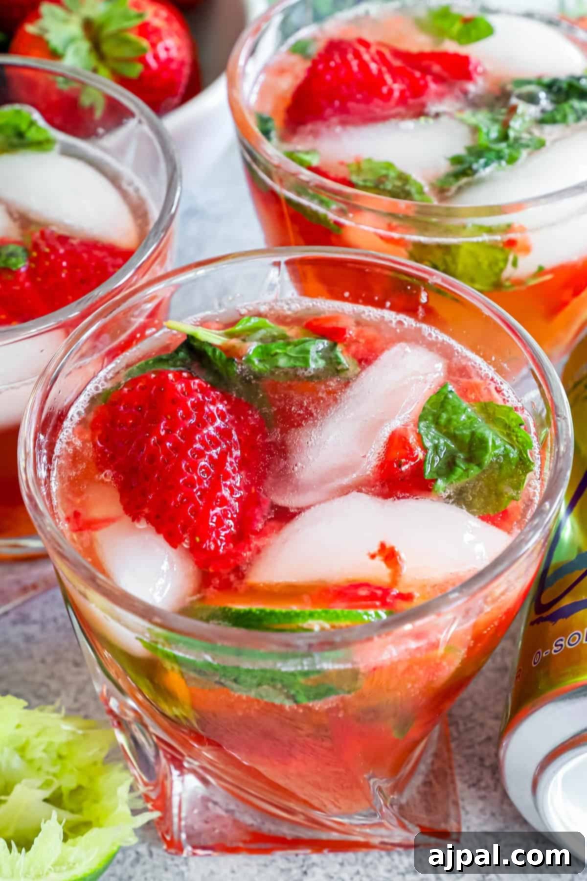 Three glasses of strawberry mojito mocktails with ice, fresh mint, and soda on a textured surface, garnished with whole strawberries, ready to be enjoyed.