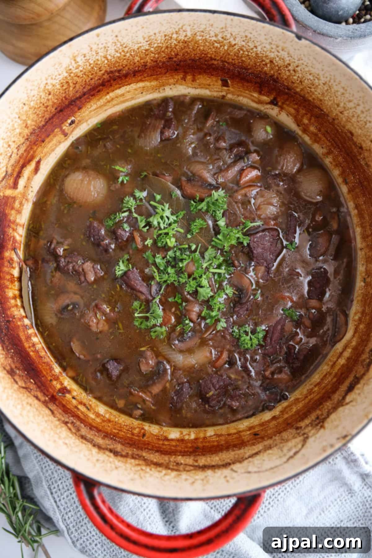 A close-up, top-down view of a red pot containing a hearty beef and onion soup, beautifully garnished with fresh parsley. The pot is artfully surrounded by an array of fresh herbs and a neatly folded linen napkin on a rustic surface.