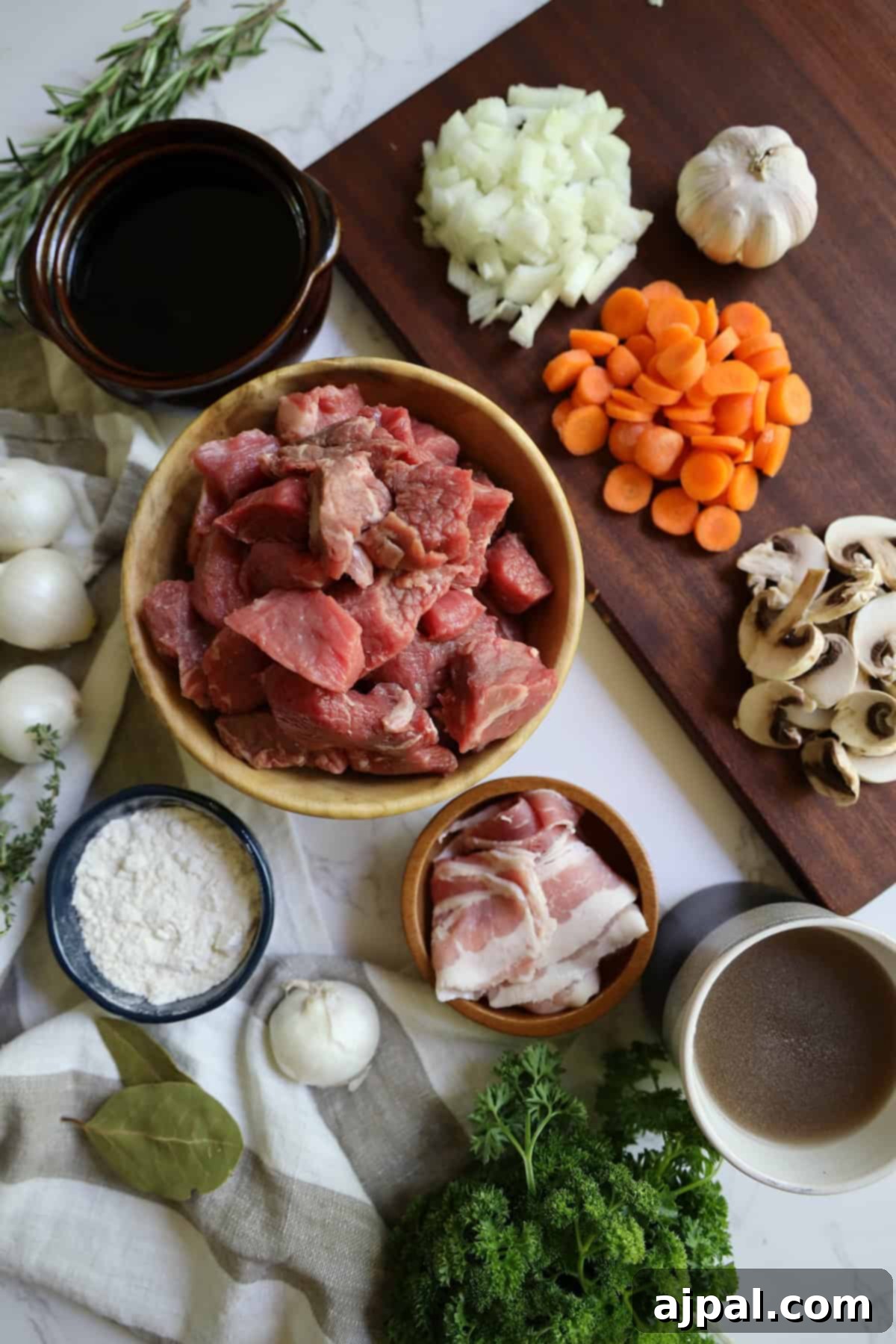 Assorted fresh ingredients neatly arranged on a kitchen counter, showcasing raw beef cubes, precisely sliced carrots, whole mushrooms, strips of bacon, diced onions, garlic cloves, a measuring cup of broth, a bowl of flour, and aromatic herbs, all ready for cooking.
