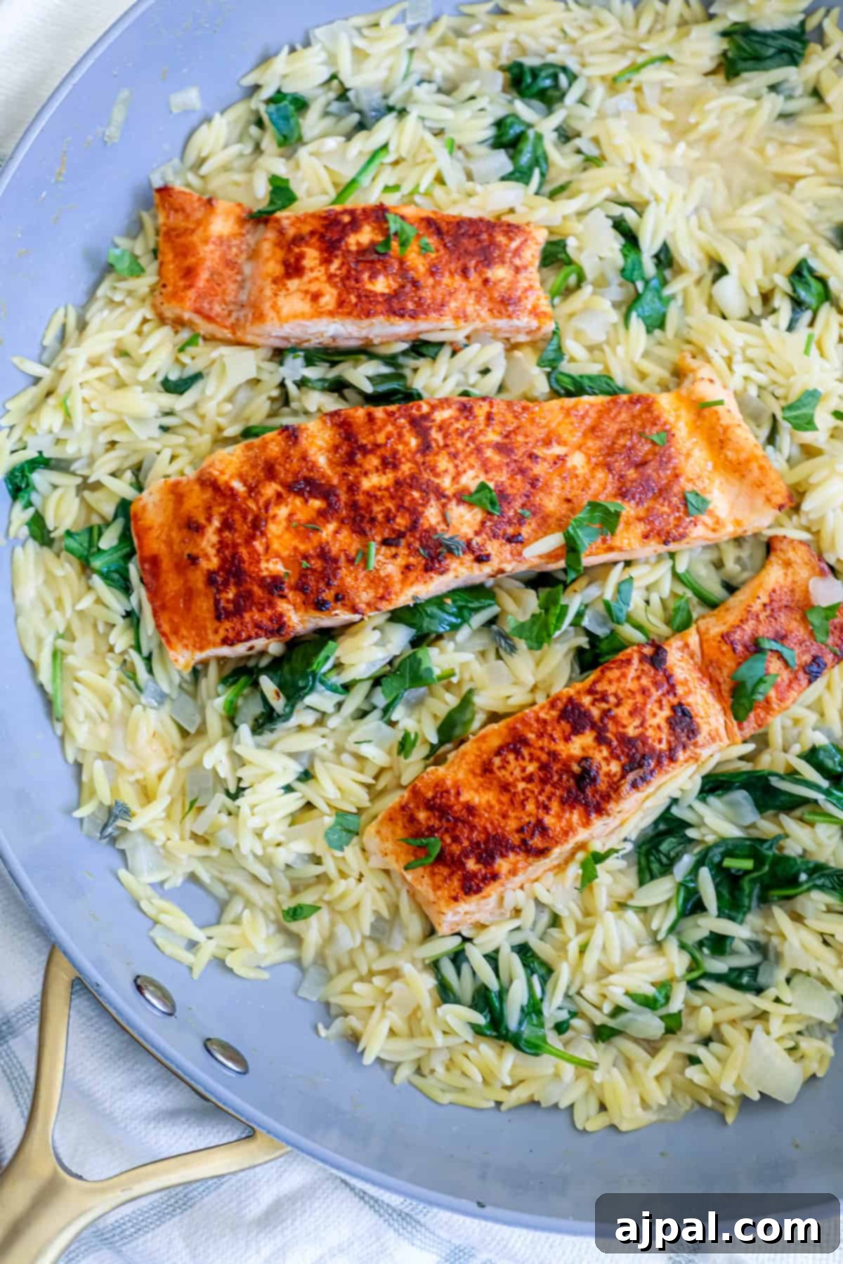 Creamy Salmon Florentine Orzo 2 Grilled salmon fillets seasoned with spices on a bed of spinach and orzo pasta in a skillet.