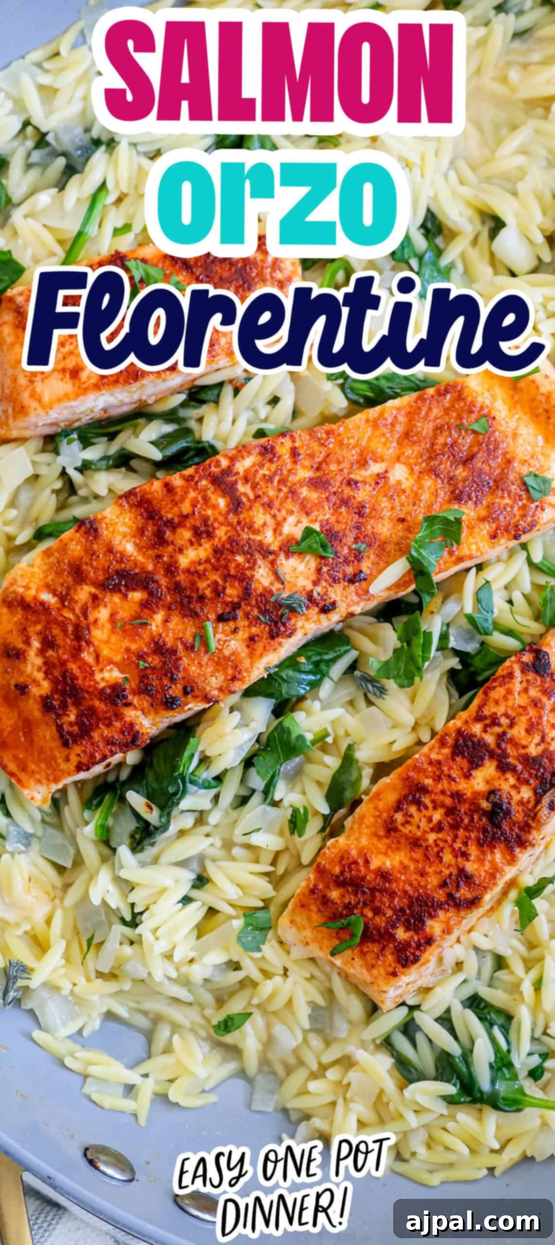 Creamy Salmon Florentine Orzo 14 A plate of salmon orzo Florentine featuring two seasoned salmon fillets atop a bed of orzo mixed with spinach, labeled as an easy one-pot dinner.