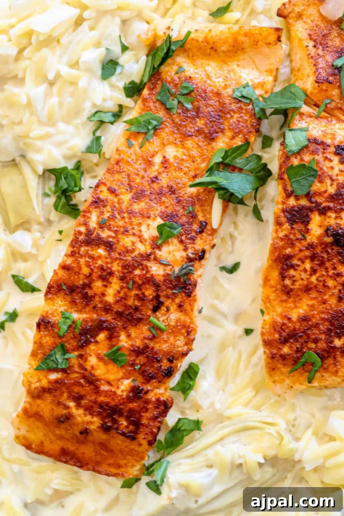 Close-up of a plate with creamy artichoke orzo and pan-seared salmon, ready to be served.