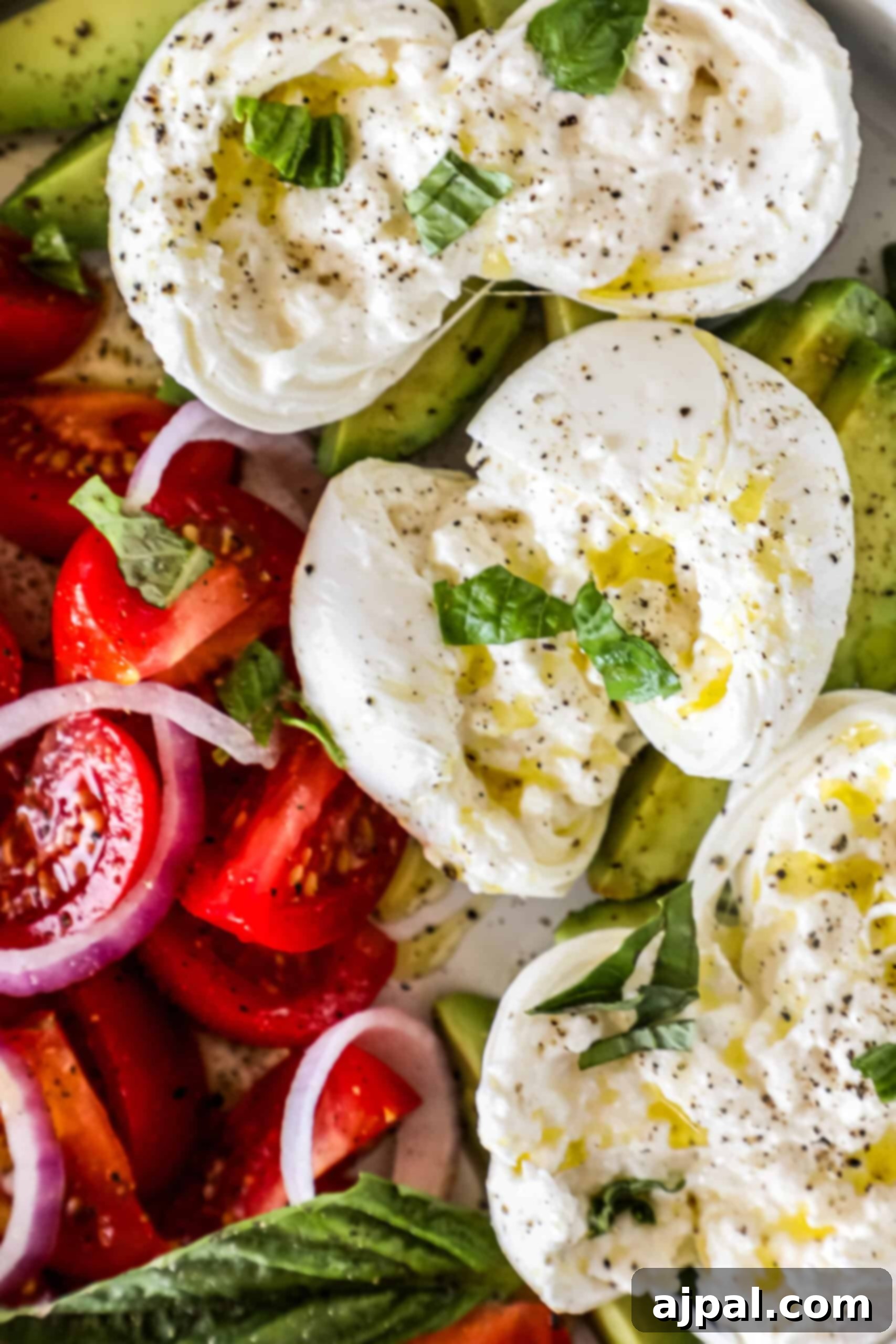 Creamy Burrata Avocado Tomato Salad 2 A beautifully plated Burrata Tomato and Avocado Salad, showcasing creamy burrata nestled among vibrant red tomatoes and green avocado slices, garnished with fresh basil leaves.