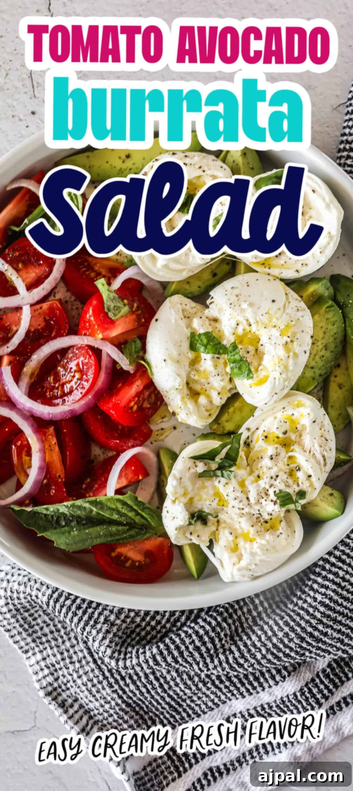 Creamy Burrata Avocado Tomato Salad 7 An overhead view of a generously dressed Burrata Tomato and Avocado Salad, with rich olive oil glistening on the fresh ingredients.