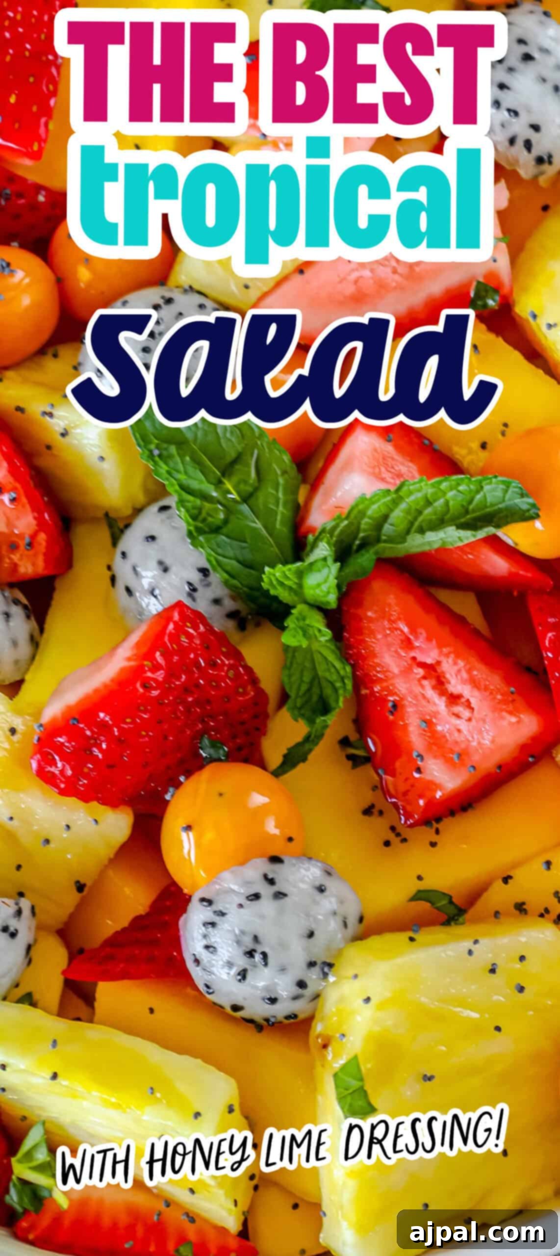 Paradise Fruit Medley 10 An overhead shot of a vibrant tropical fruit salad with a variety of fruits including dragon fruit, mango, kiwi, and berries, arranged beautifully.