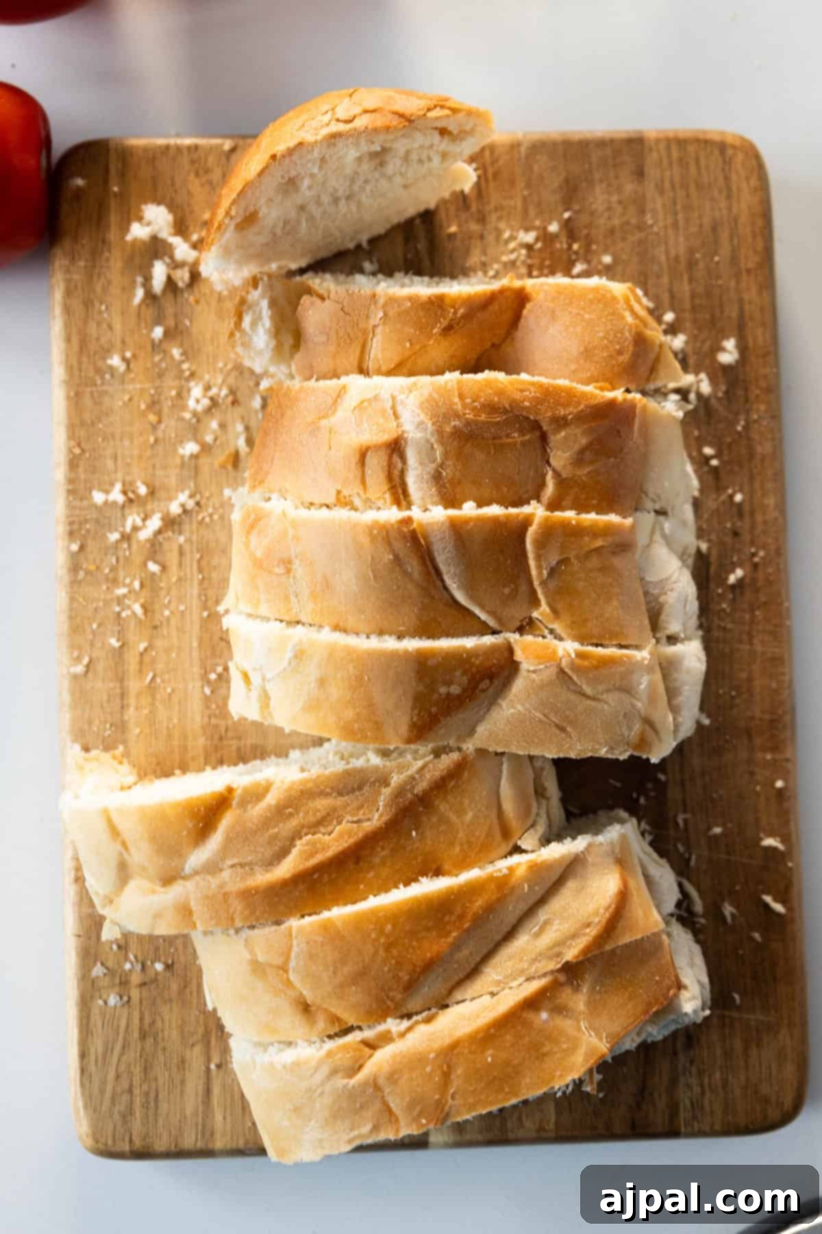 Sliced crusty bread ready for toasting, showcasing its texture and golden crust.