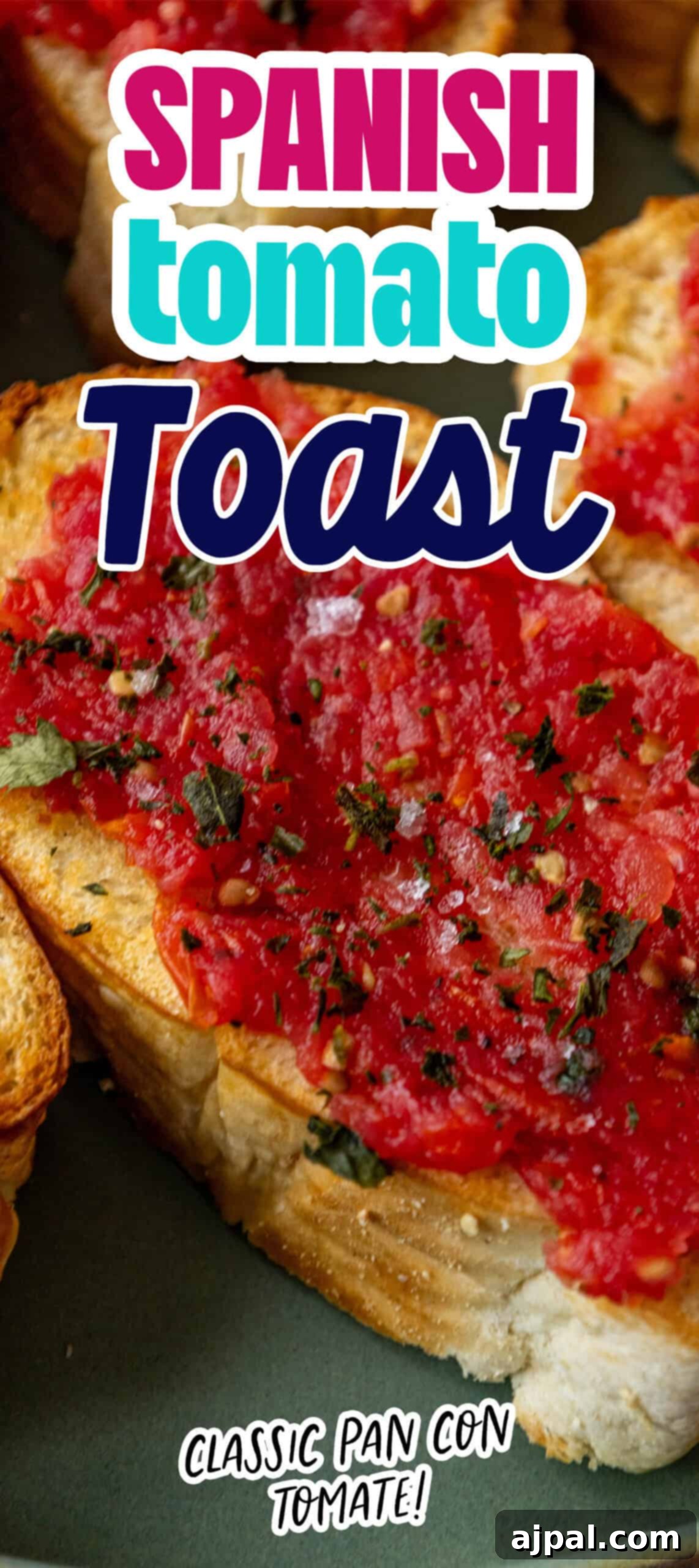 A stunning shot of a finished Spanish Tomato Bread (Pan con Tomate) recipe, beautifully presented and ready to eat.