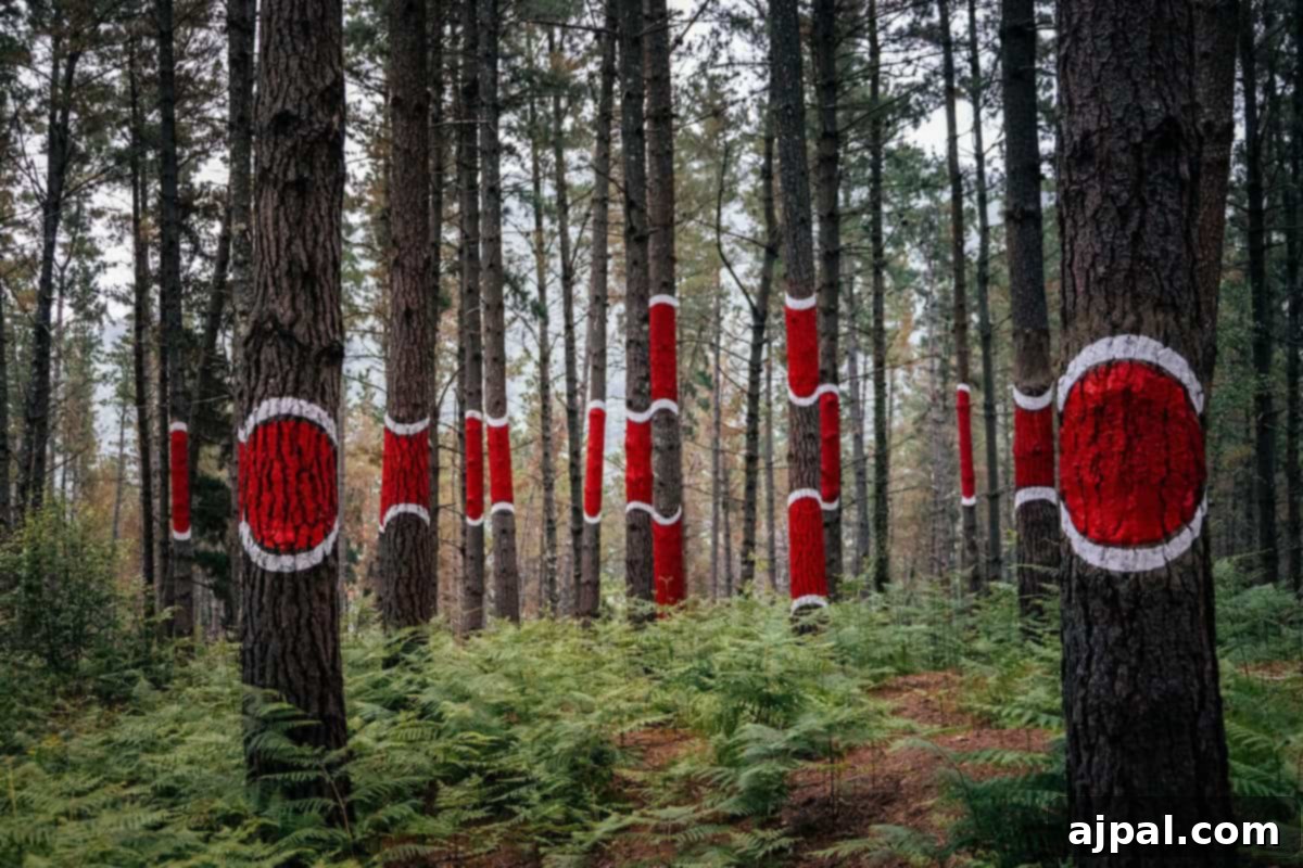 Bilbao: A Comprehensive Travel Guide 12 The enchanting painted trees of Oma Forest, creating optical illusions within nature, a highlight of Bilbao region's unique attractions.