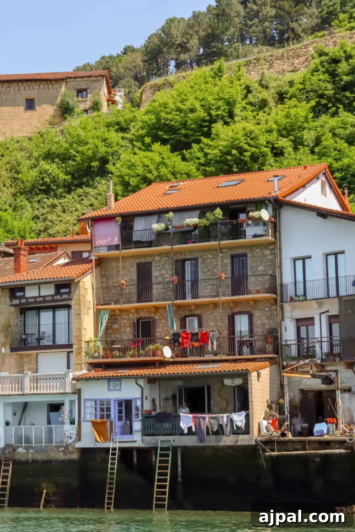 Hondarribia Uncovered 15 Riverside houses with balconies, laundry hanging, and ladders leading to the water. Green hillside and trees in the background.