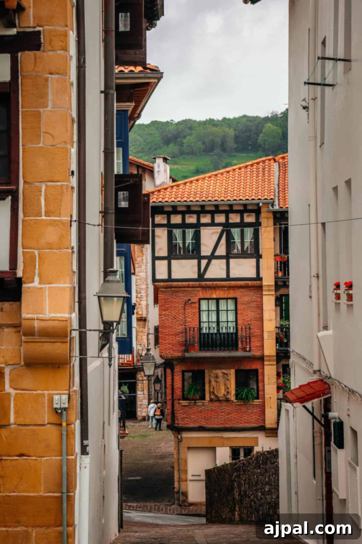 Hondarribia Uncovered 4 A narrow European street lined with traditional buildings, featuring timber-framed houses and red-tiled roofs, leading to a view of a green, forested hill in the background.