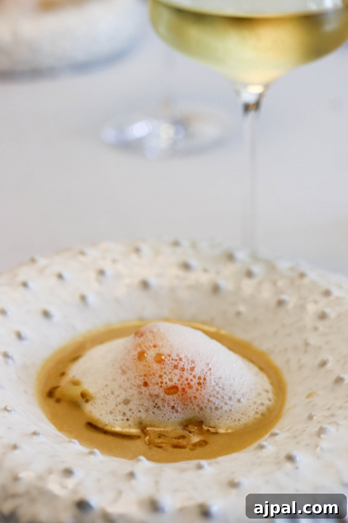 Hondarribia Uncovered 8 A gourmet dish served on a textured white plate, featuring a foamy sauce with a delicate garnish. A glass of white wine is in the background.