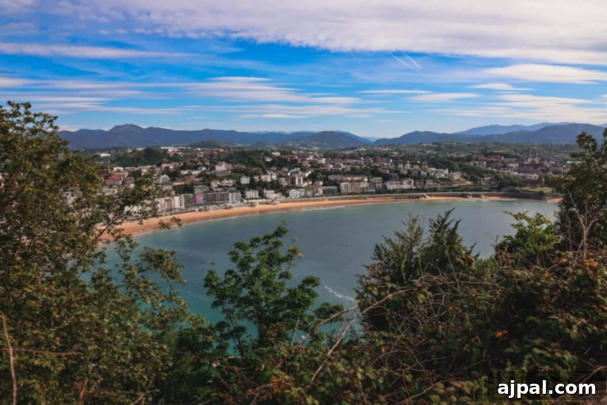 Beautiful view of San Sebastian's La Concha Bay, showing the beach, promenade, and boats in the water.