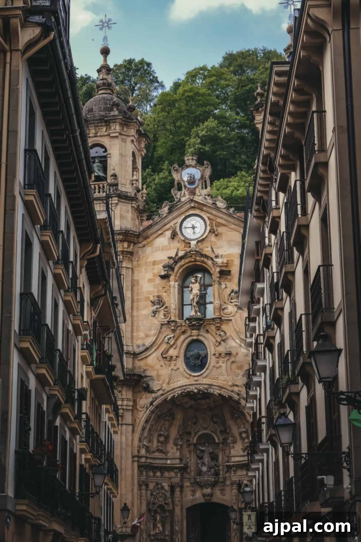 A picturesque view of a serene bay with boats gently moored, framed by lush hills and charming buildings on the waterfront, capturing the essence of Basque Country's beauty.