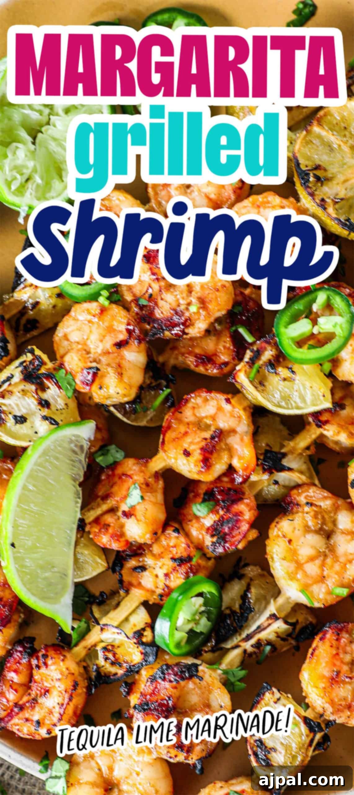 Zesty Margarita Grilled Shrimp 6 A close-up shot of a plate of grilled margarita shrimp with fresh lime wedges.