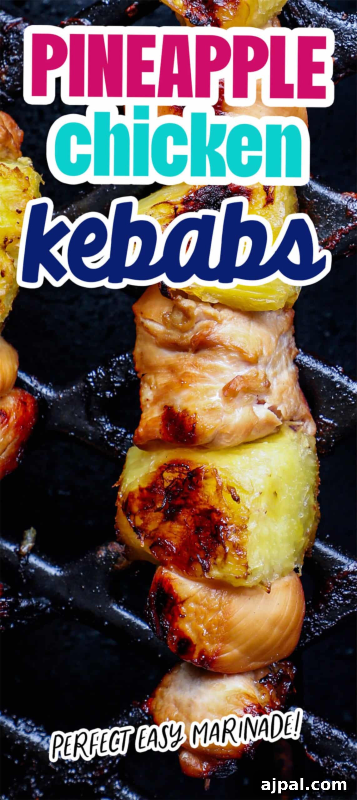 Tropical Chicken & Pineapple Skewers 7 Stacked pineapple and chicken kebabs on a wooden cutting board, highlighting their golden-brown char.